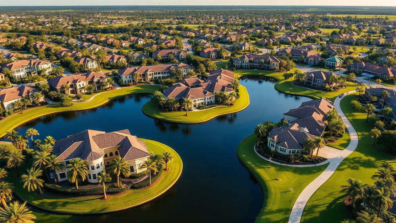 Aerial view of a master-planned Lakewood Ranch style Florida community with lakes and single-family homes